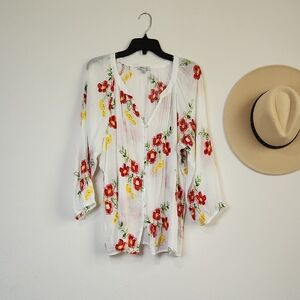 Elegant Floral Blouse - White with Red and Yellow Flowers